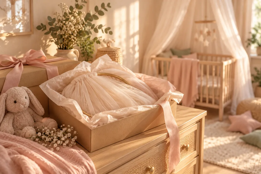 Cadeau de naissance avec un ciel de lit plié dans une boîte