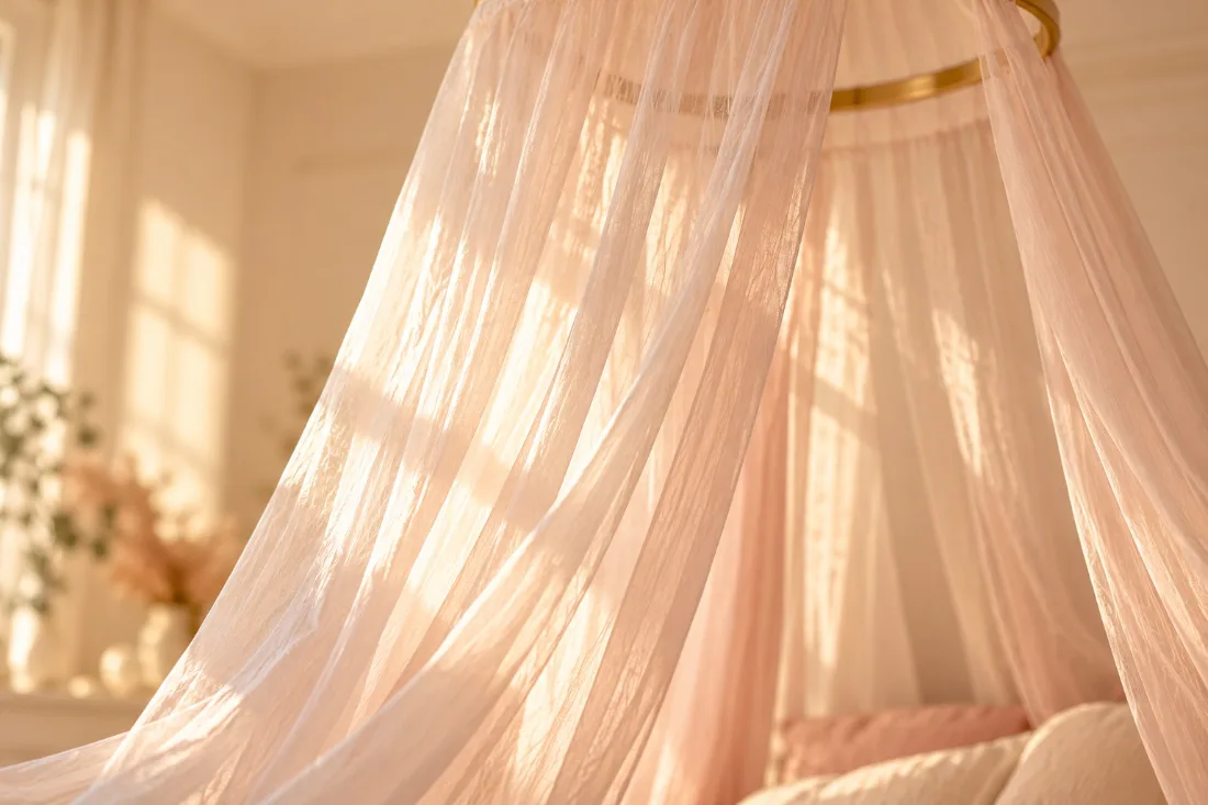 Voile de mousseline d’un ciel de lit traversé par la lumière